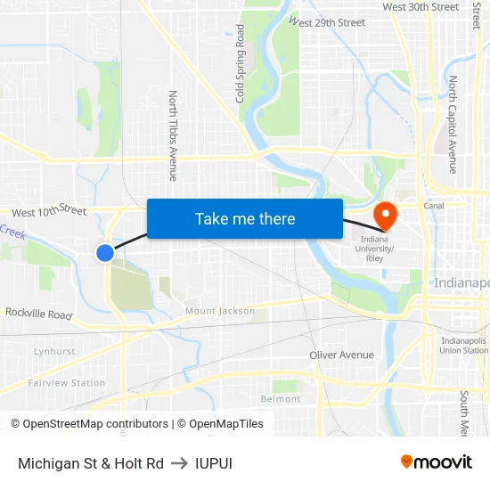 Michigan St & Holt Rd to IUPUI map