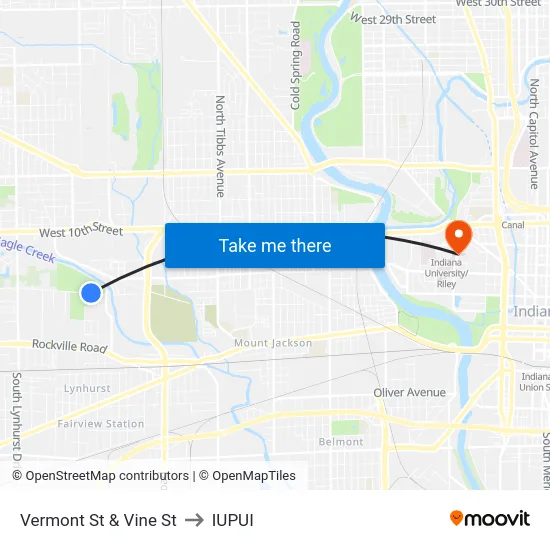Vermont St & Vine St to IUPUI map