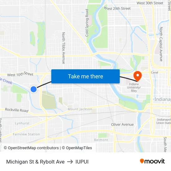 Michigan St & Rybolt Ave to IUPUI map