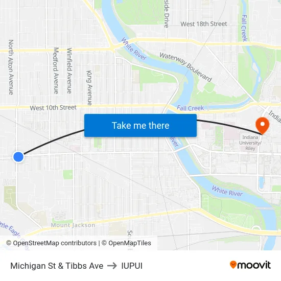 Michigan St & Tibbs Ave to IUPUI map