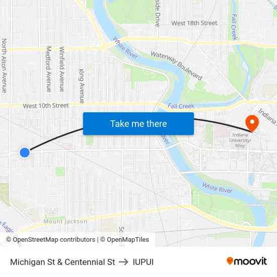 Michigan St & Centennial St to IUPUI map
