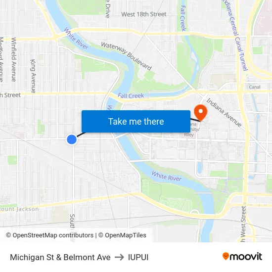Michigan St & Belmont Ave to IUPUI map
