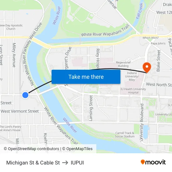 Michigan St & Cable St to IUPUI map