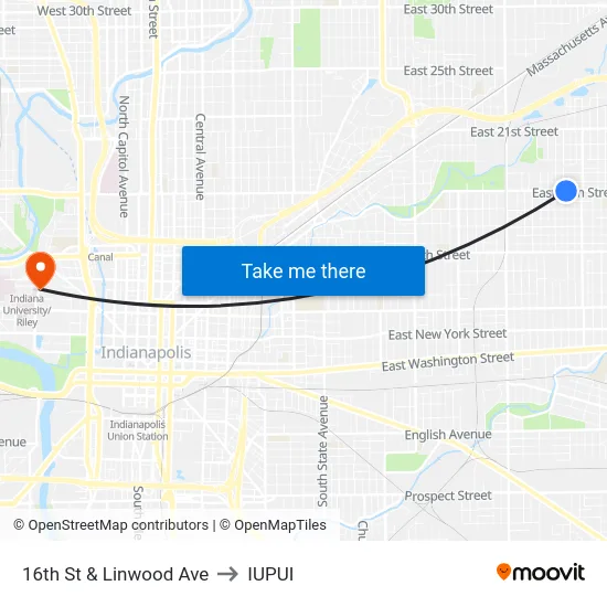 16th St & Linwood Ave to IUPUI map
