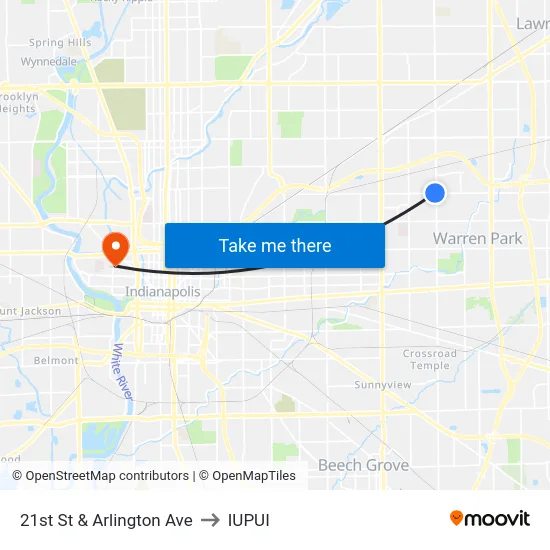 21st St & Arlington Ave to IUPUI map
