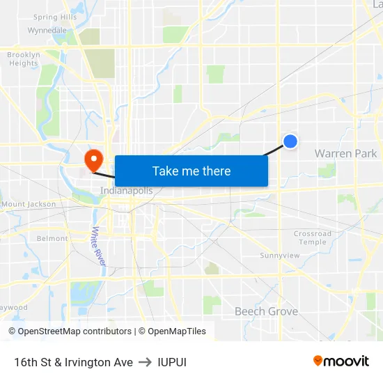 16th St & Irvington Ave to IUPUI map