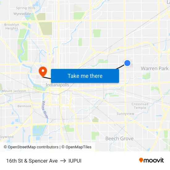 16th St & Spencer Ave to IUPUI map