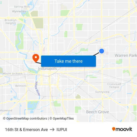 16th St & Emerson Ave to IUPUI map