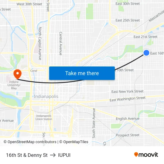 16th St & Denny St to IUPUI map