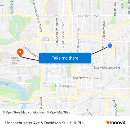 Massachusetts Ave & Davidson St to IUPUI map