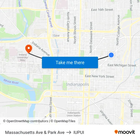 Massachusetts Ave & Park Ave to IUPUI map