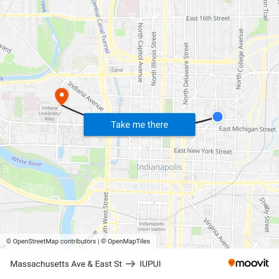 Massachusetts Ave & East St to IUPUI map