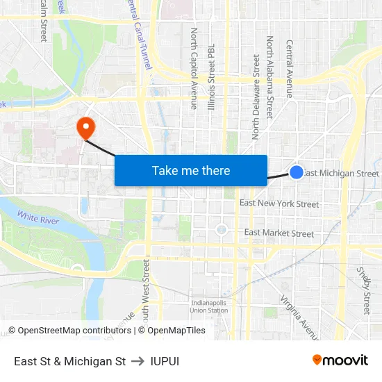East St & Michigan St to IUPUI map