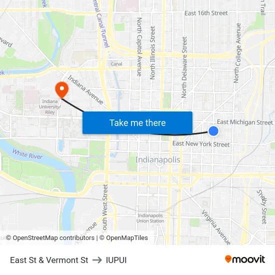 East St & Vermont St to IUPUI map