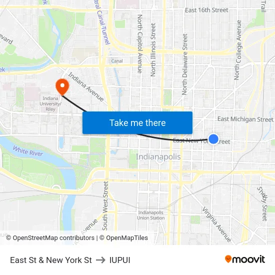 East St & New York St to IUPUI map