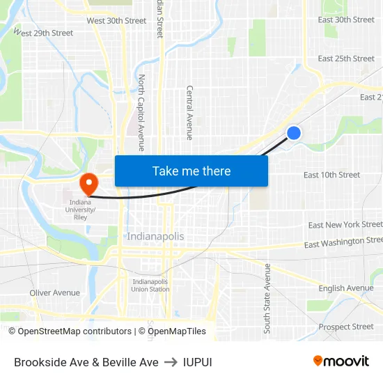 Brookside Ave & Beville Ave to IUPUI map
