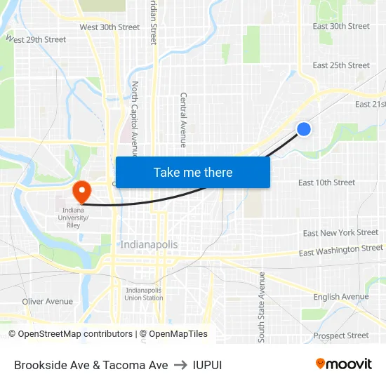 Brookside Ave & Tacoma Ave to IUPUI map