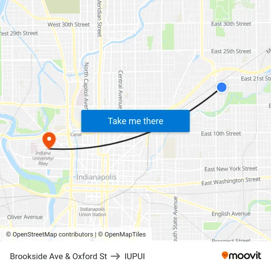 Brookside Ave & Oxford St to IUPUI map