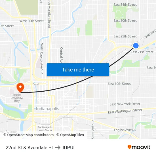 22nd St & Avondale Pl to IUPUI map