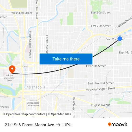 21st St & Forest Manor Ave to IUPUI map