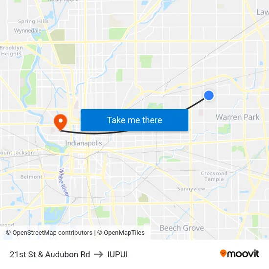 21st St & Audubon Rd to IUPUI map