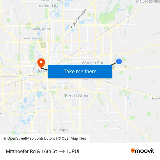 Mitthoefer Rd & 16th St to IUPUI map