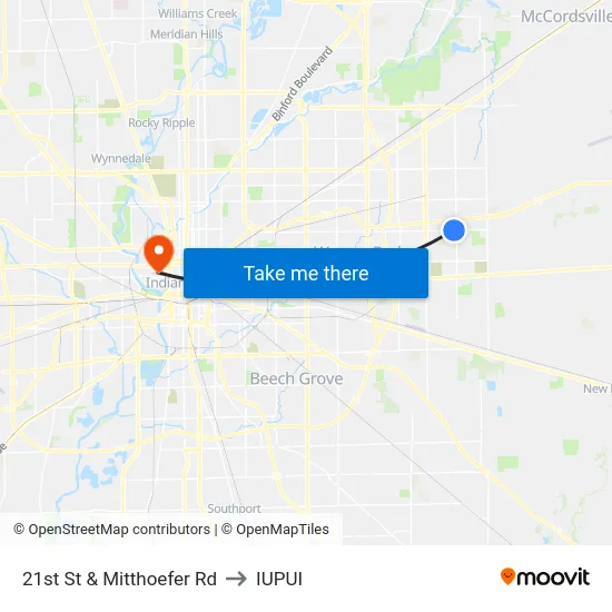21st St & Mitthoefer Rd to IUPUI map