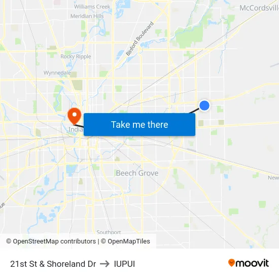 21st St & Shoreland Dr to IUPUI map