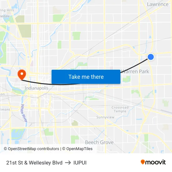 21st St & Wellesley Blvd to IUPUI map