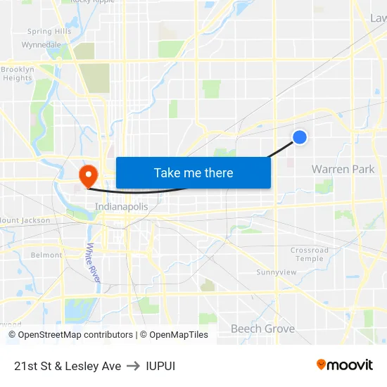 21st St & Lesley Ave to IUPUI map