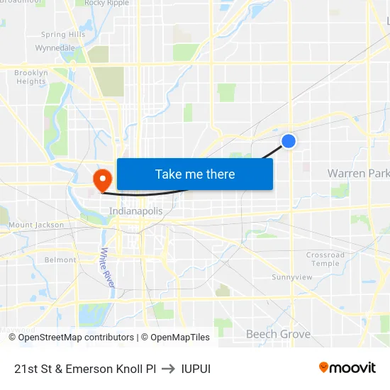 21st St & Emerson Knoll Pl to IUPUI map