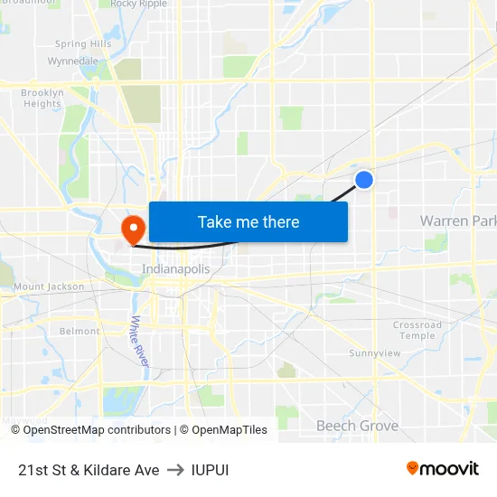 21st St & Kildare Ave to IUPUI map