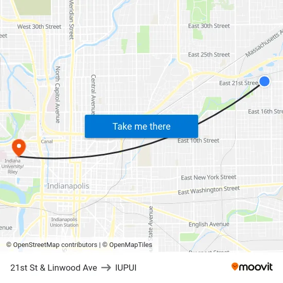 21st St & Linwood Ave to IUPUI map