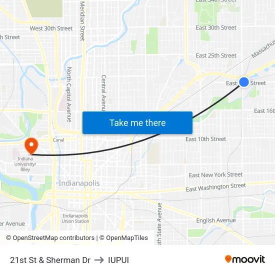 21st St & Sherman Dr to IUPUI map