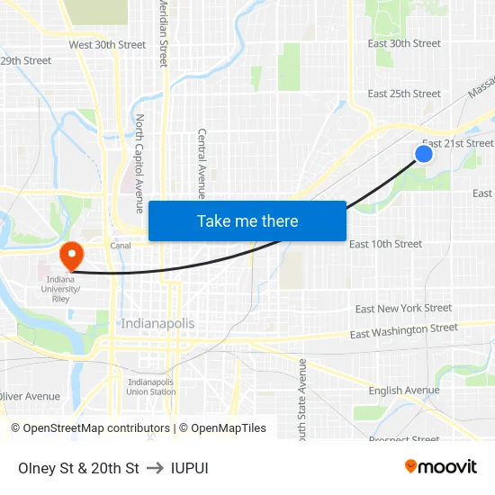 Olney St & 20th St to IUPUI map