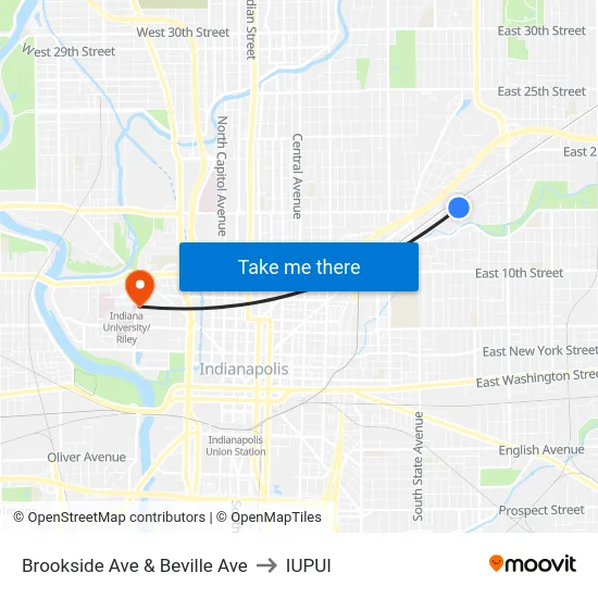 Brookside Ave & Beville Ave to IUPUI map