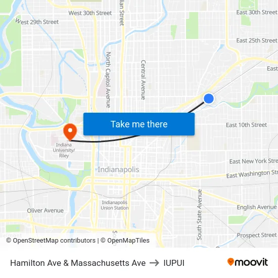 Hamilton Ave & Massachusetts Ave to IUPUI map