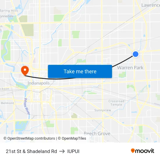 21st St & Shadeland Rd to IUPUI map