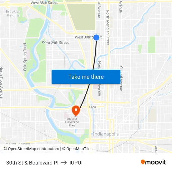 30th St & Boulevard Pl to IUPUI map