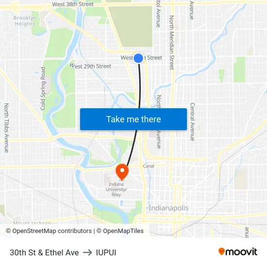 30th St & Ethel Ave to IUPUI map