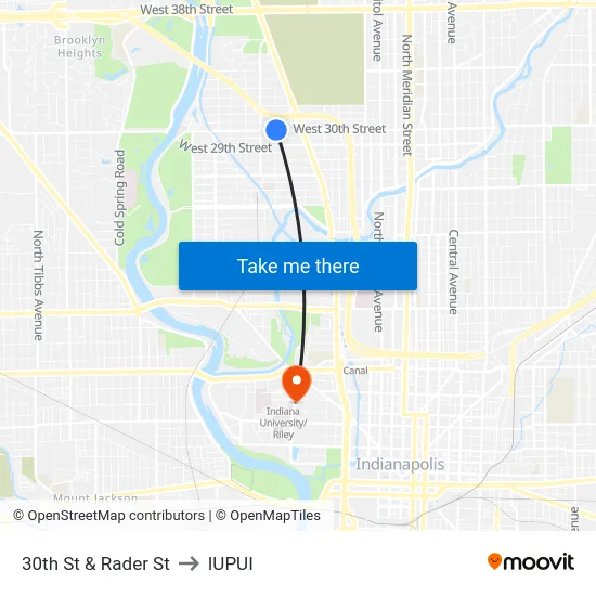 30th St & Rader St to IUPUI map