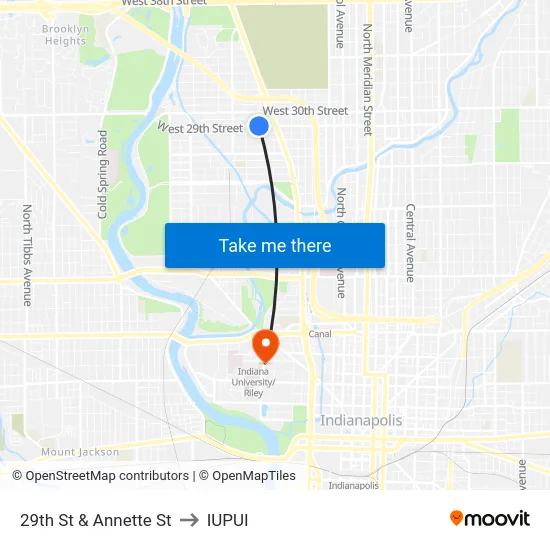 29th St & Annette St to IUPUI map
