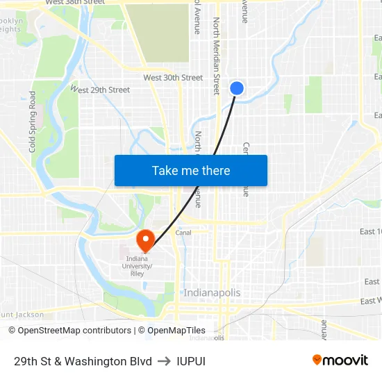 29th St & Washington Blvd to IUPUI map