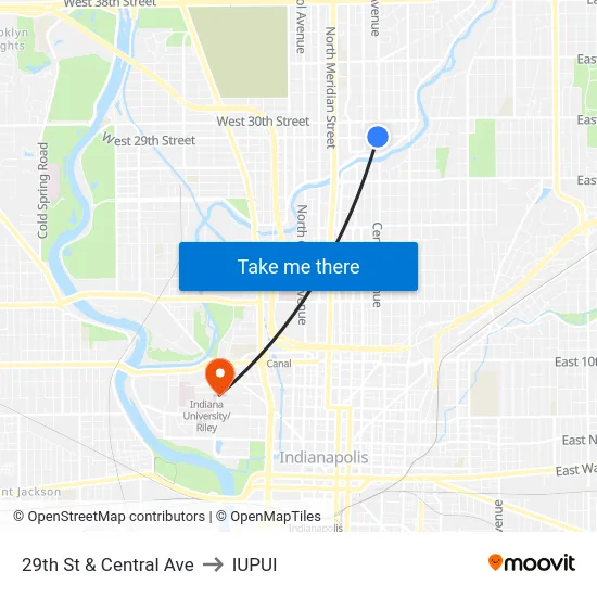 29th St & Central Ave to IUPUI map