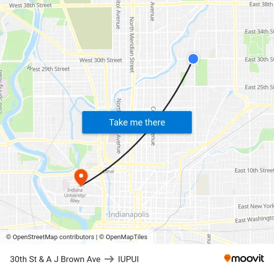 30th St & A J Brown Ave to IUPUI map