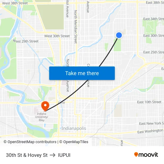30th St & Hovey St to IUPUI map
