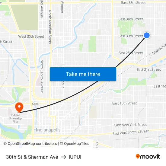 30th St & Sherman Ave to IUPUI map
