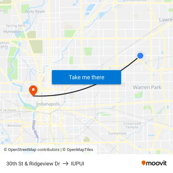 30th St & Ridgeview Dr to IUPUI map