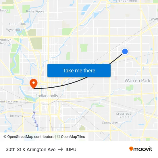 30th St & Arlington Ave to IUPUI map