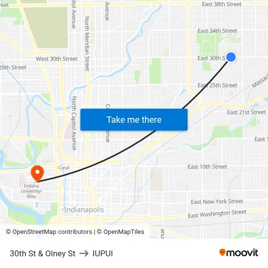 30th St & Olney St to IUPUI map